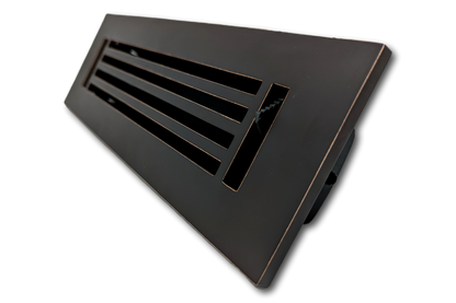 The Madelyn Carter Cast Aluminum Linear Bar Vent Cover in Oxidized Bronze features horizontal slats, a rectangular shape, rust-resistant construction, and is displayed against a plain white background.