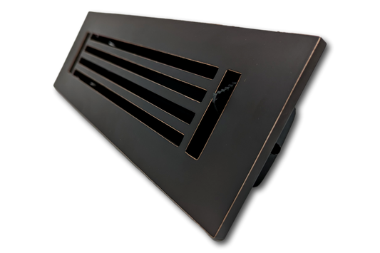 The Madelyn Carter Cast Aluminum Linear Bar Vent Cover in Oxidized Bronze features horizontal slats, a rectangular shape, rust-resistant construction, and is displayed against a plain white background.