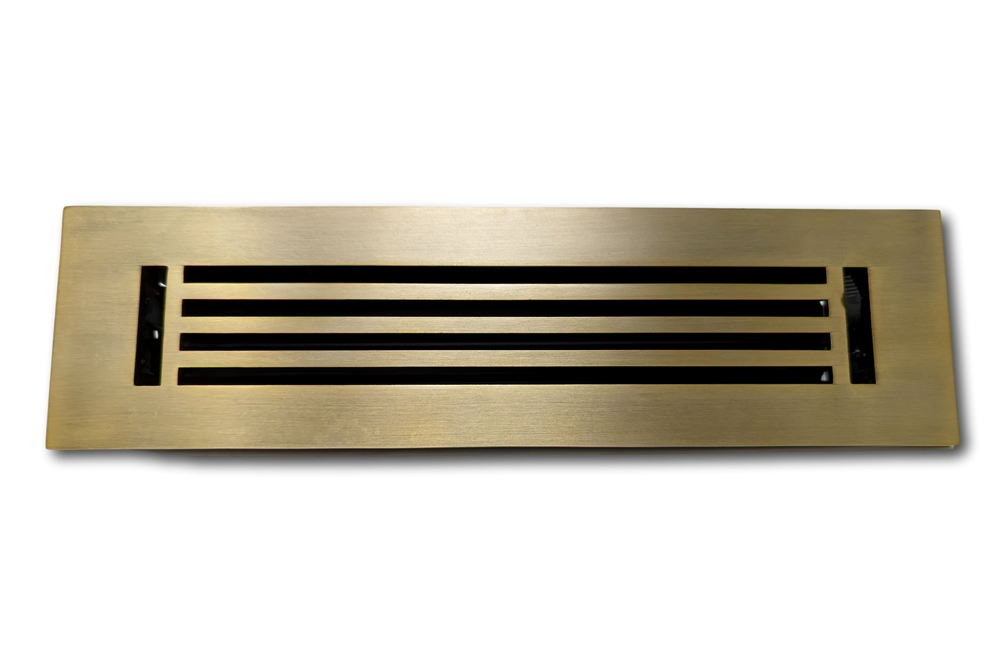 Madelyn Carter Cast Aluminum Linear Bar Vent Cover in Antique Brass, featuring rust-resistant rectangular design with horizontal slats, shown from above on a plain white background.