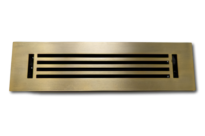 Madelyn Carter Cast Aluminum Linear Bar Vent Cover in Antique Brass, featuring rust-resistant rectangular design with horizontal slats, shown from above on a plain white background.