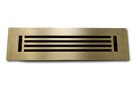 Madelyn Carter Cast Aluminum Linear Bar Vent Cover in Antique Brass, featuring rust-resistant rectangular design with horizontal slats, shown from above on a plain white background.