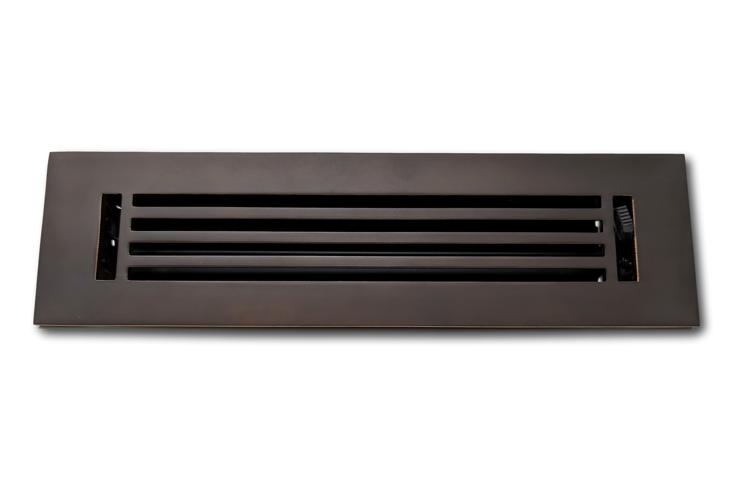 The Madelyn Carter Cast Aluminum Linear Bar Vent Cover in Oxidized Bronze features horizontal slats, a dark brown finish, and rust-resistant durability for a modern look. Photographed against a white background.