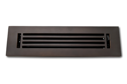 The Madelyn Carter Cast Aluminum Linear Bar Vent Cover in Oxidized Bronze features horizontal slats, a dark brown finish, and rust-resistant durability for a modern look. Photographed against a white background.