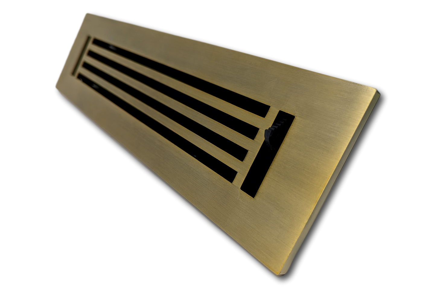 The Madelyn Carter Cast Aluminum Linear Bar Vent Cover in Antique Brass features four horizontal slats and a solid border, shown angled on a white background.