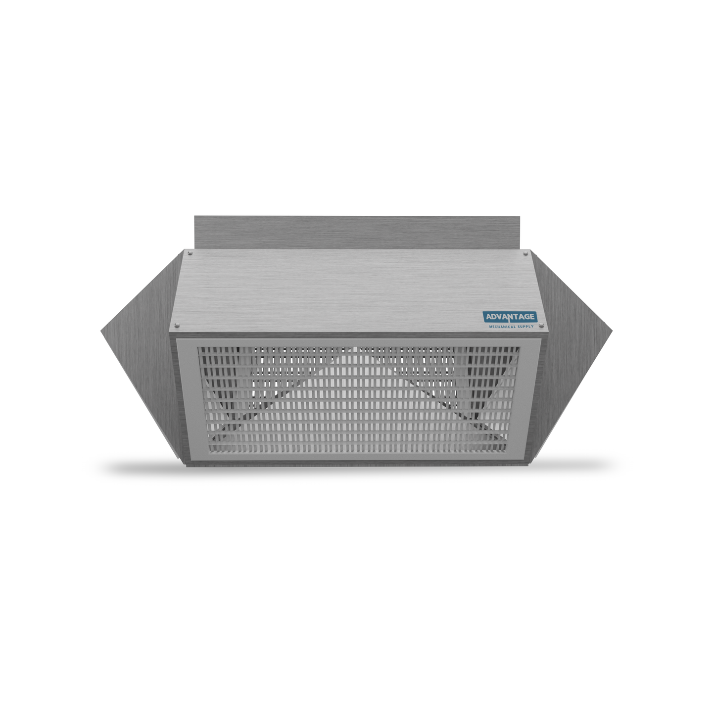 The Slant Face Double Deflection Drop Box - Four Way by EP Custom features a grated front cover and is wall-mounted, resembling supply and return air diffusers, with subtle branding and shown against a white background.