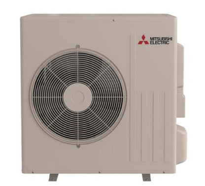 Beige Insco Mitsubishi M-Series Single-Zone High Efficiency Heat Pump System MUZ-GX (outdoor) featuring a large circular fan with protective grille on the front.