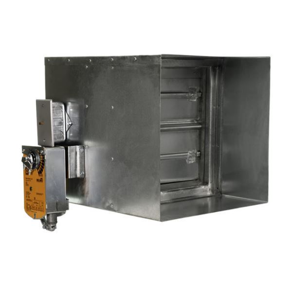 The Aire Technologies Series 30 Fire and Smoke Dampers Class I features an actuator and control panel, regulating airflow in ventilation systems, and complies with UL 555 and NFPA 90A standards.