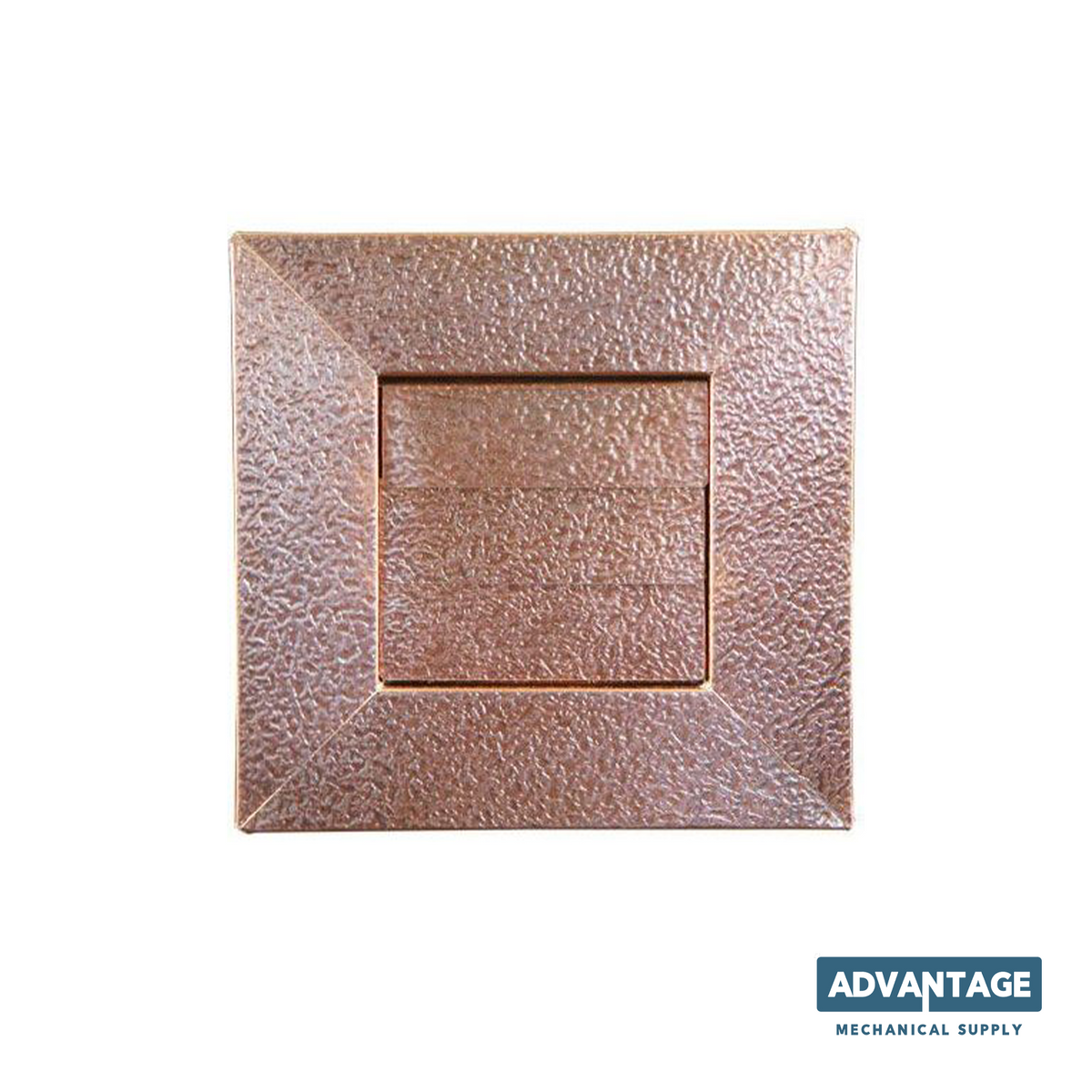 A square metallic dryer vent plate in a textured copper or rose-gold finish, shown against a plain white background with an 'ADVANTAGE MECHANICAL SUPPLY' logo in the bottom right corner.