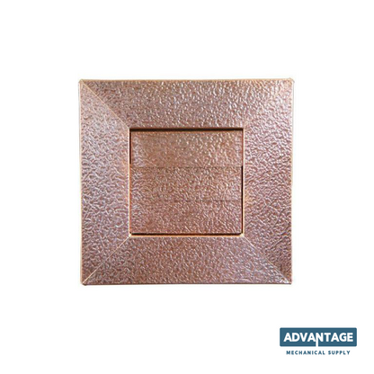 A square metallic dryer vent plate in a textured copper or rose-gold finish, shown against a plain white background with an 'ADVANTAGE MECHANICAL SUPPLY' logo in the bottom right corner.