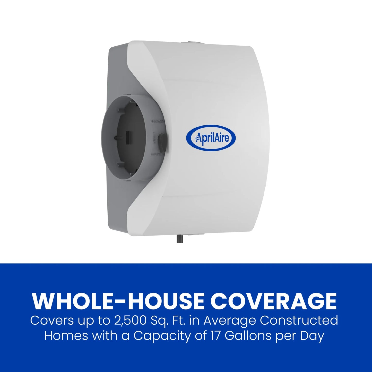The Aprilaire Whole-House Large Bypass Evaporative Humidifier Model 600, featured on a white background, offers coverage up to 2,500 sq. ft. and a 17-gallon-per-day capacity for reliable indoor humidity control and improved air quality.
