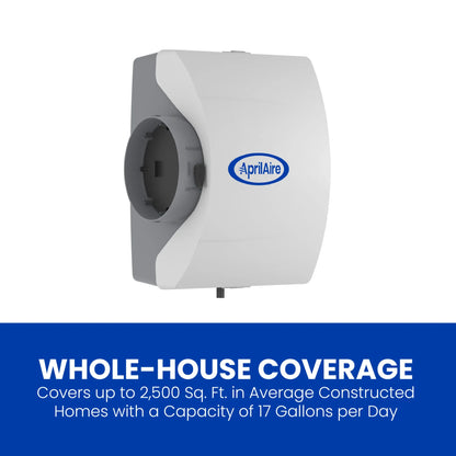 The Aprilaire Whole-House Large Bypass Evaporative Humidifier Model 600, featured on a white background, offers coverage up to 2,500 sq. ft. and a 17-gallon-per-day capacity for reliable indoor humidity control and improved air quality.
