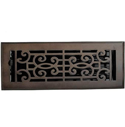 The Madelyn Carter Cast Brass Baroque Vent Covers in oil rubbed bronze feature a decorative scroll pattern inspired by baroque designs for an elegant touch.