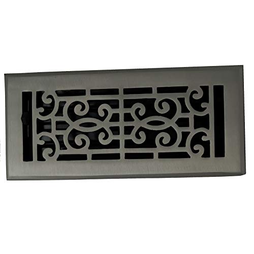 The Madelyn Carter Cast Brass Baroque Vent Cover in brushed nickel features a decorative scrollwork design, matte finish, and adjustable metal dampers for customized airflow.