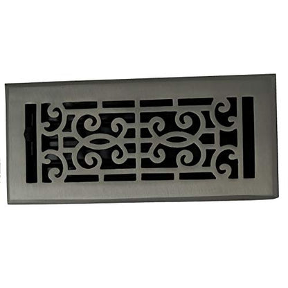 The Madelyn Carter Cast Brass Baroque Vent Cover in brushed nickel features a decorative scrollwork design, matte finish, and adjustable metal dampers for customized airflow.