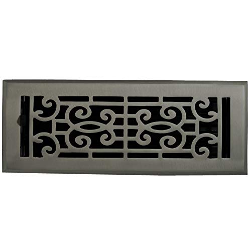 Madelyn Carter Cast Brass Baroque Vent Cover in brushed nickel features ornate black scrollwork, a grey border, and adjustable metal dampers for precise airflow control.