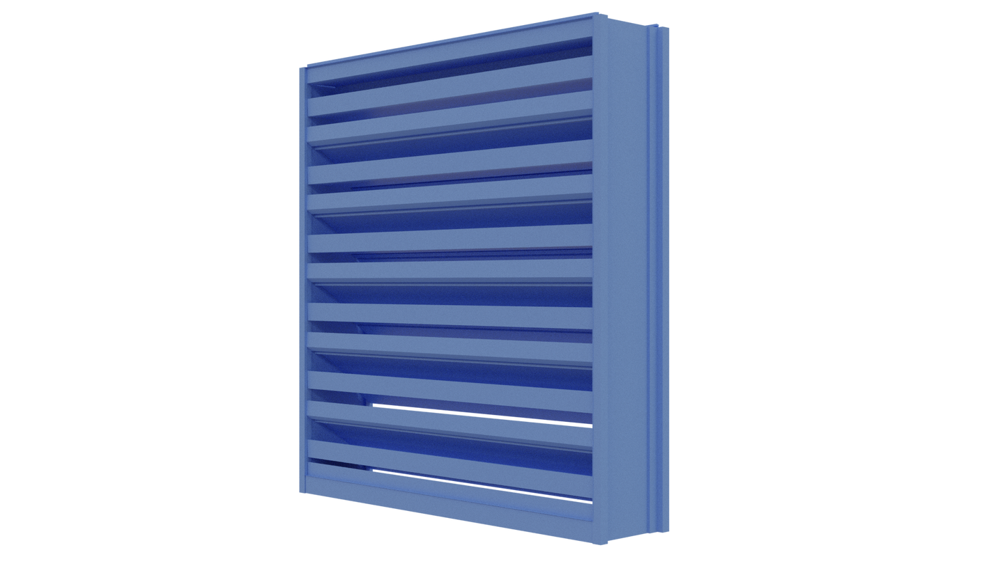 Aire Technologies DC-436 4” stationary drainable louver, a blue metal vent with horizontal slats for high-velocity hurricane zones, is shown against a plain white background.