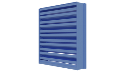 Aire Technologies DC-436 4” stationary drainable louver, a blue metal vent with horizontal slats for high-velocity hurricane zones, is shown against a plain white background.