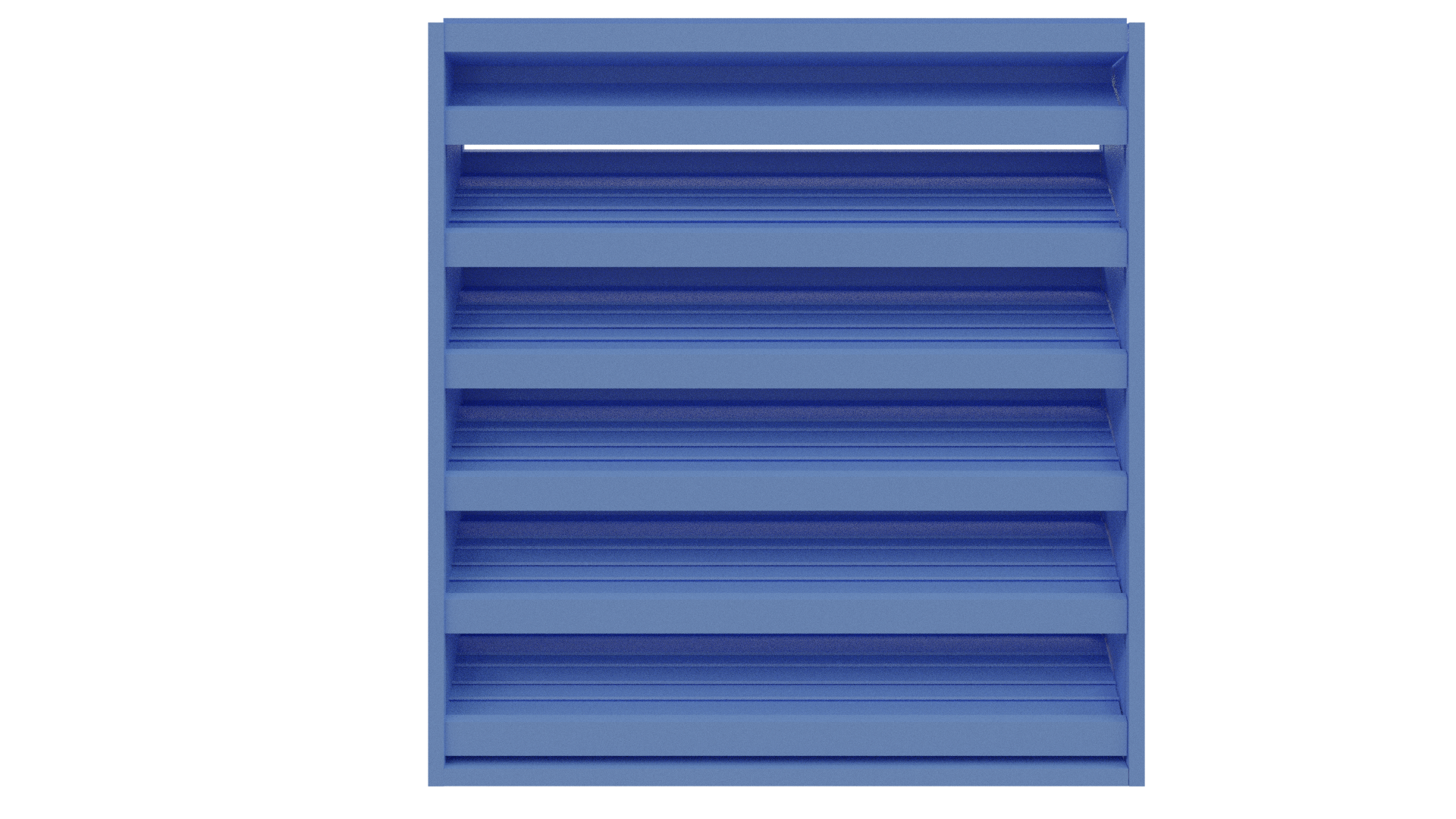 The Aire Technologies DC-436, a blue multi-tiered storage shelf with six horizontal compartments and a 4" stationary drainable louver, is shown front-facing against a plain white background.
