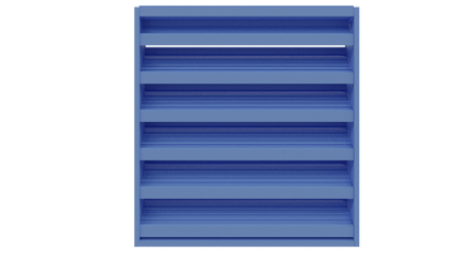 The Aire Technologies DC-436, a blue multi-tiered storage shelf with six horizontal compartments and a 4" stationary drainable louver, is shown front-facing against a plain white background.