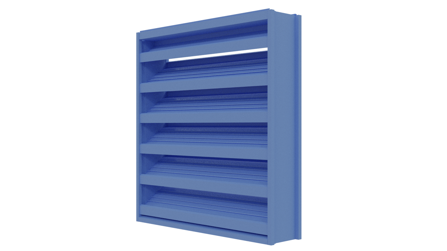 Aire Technologies DC-436 is a blue 4” stationary drainable louver with horizontal slats, rectangular metal design, Miami-Dade certified for high-velocity hurricane zones—shown angled against a white background.