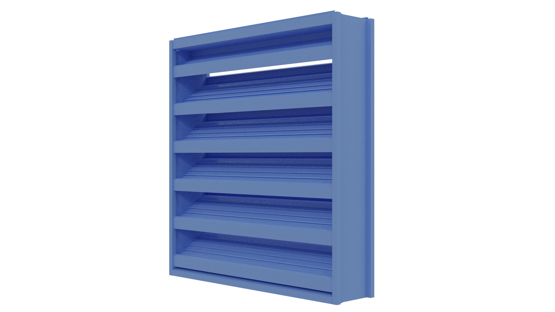 Aire Technologies DC-436 is a blue 4” stationary drainable louver with horizontal slats, rectangular metal design, Miami-Dade certified for high-velocity hurricane zones—shown angled against a white background.