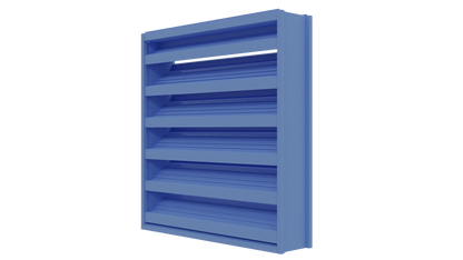 Aire Technologies DC-436 is a blue 4” stationary drainable louver with horizontal slats, rectangular metal design, Miami-Dade certified for high-velocity hurricane zones—shown angled against a white background.