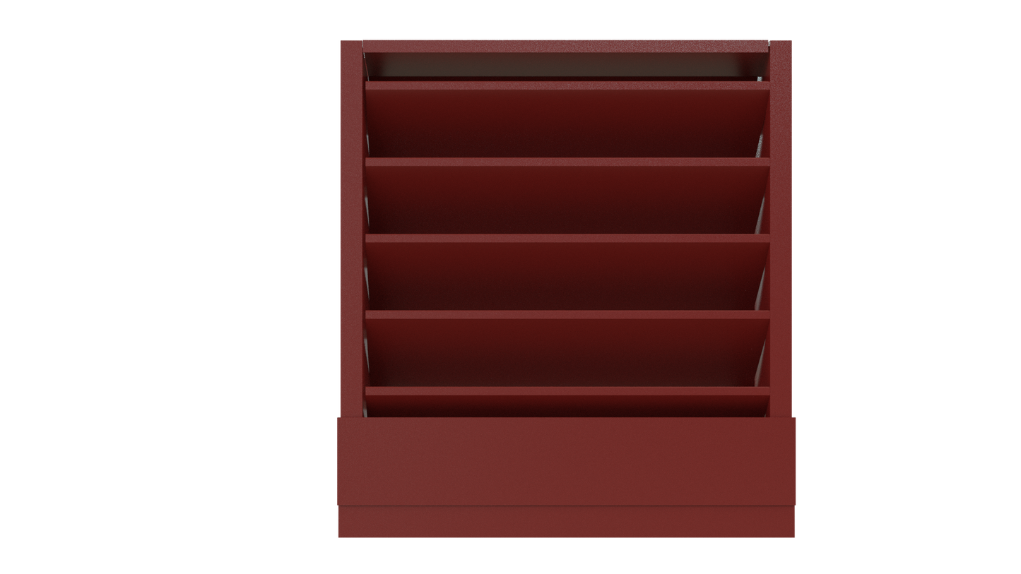 The Aire Technologies 438-SD Stationary, Drainable, Louver is a red shelving unit with five slanted louver shelves and a solid base drawer, shown front view on white. Custom sizes available.