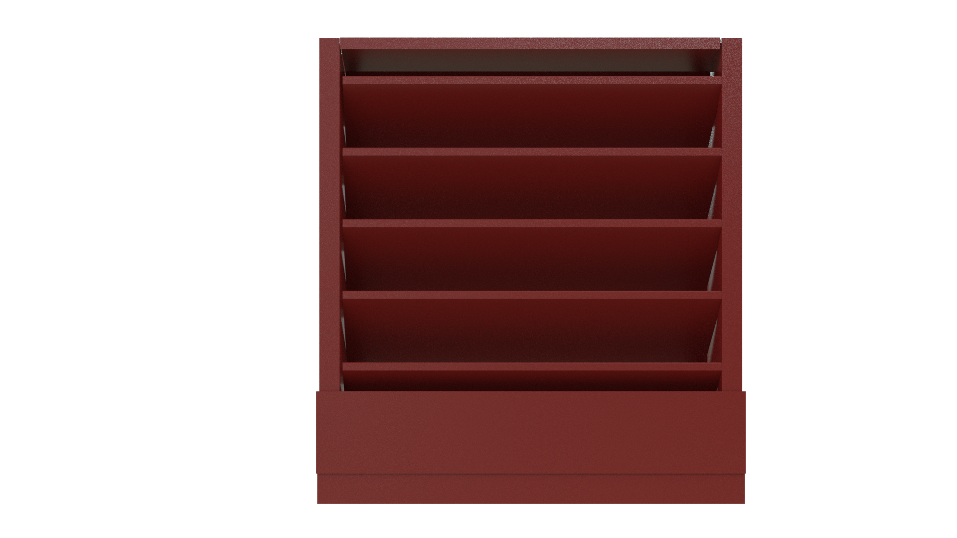The Aire Technologies 438-SD Stationary, Drainable, Louver is a red shelving unit with five slanted louver shelves and a solid base drawer, shown front view on white. Custom sizes available.