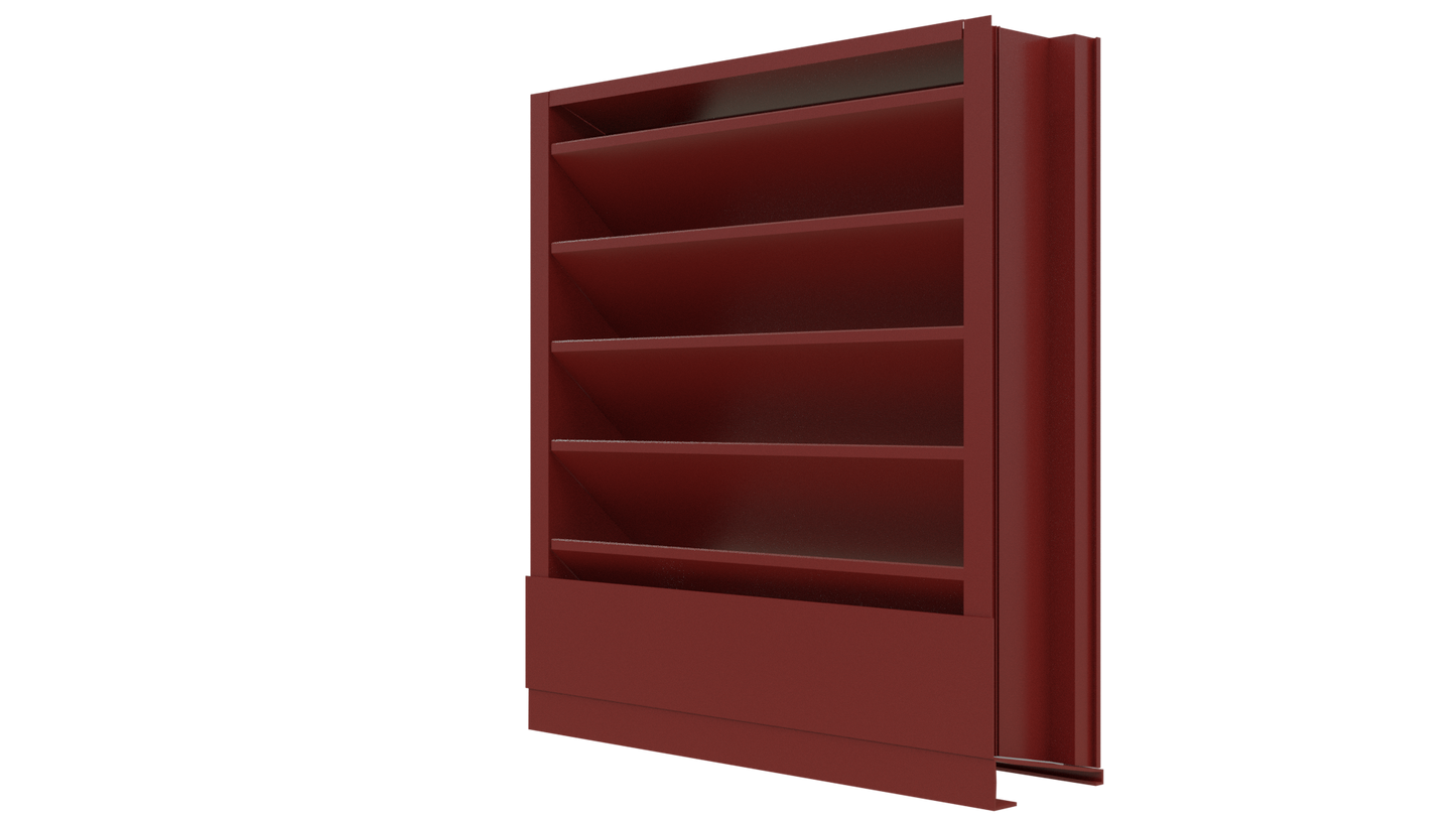 The Aire Technologies 438-SD Stationary Drainable Louver, featuring a rectangular metal frame and horizontal blades, is available in custom sizes and shown isolated on a white background.