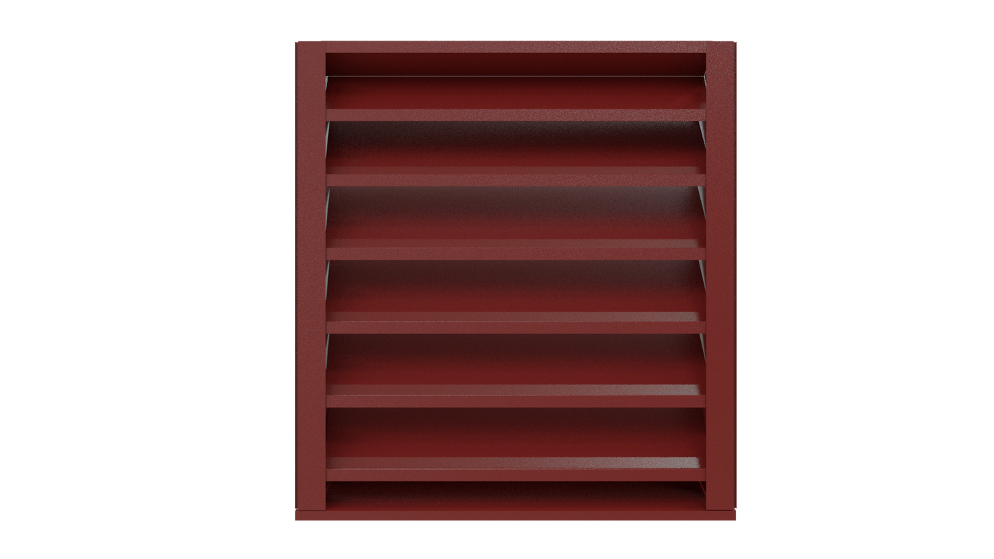 The Aire Technologies 438-SD Stationary, Drainable Louver is a tall, rectangular maroon louver with six sections, available in custom sizes, and is shown against a plain white background.