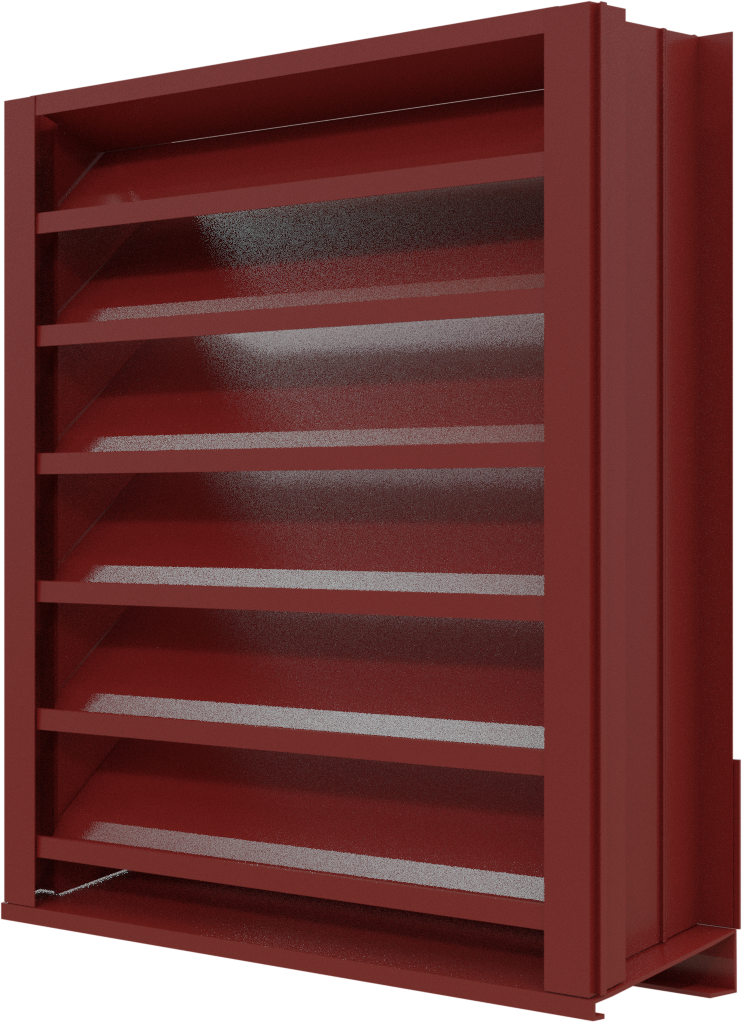 The Aire Technologies 438-SD Stationary, Drainable Louver is an AMCA-certified red metal louver with angled slats for optimal airflow and ventilation; available in custom sizes.
