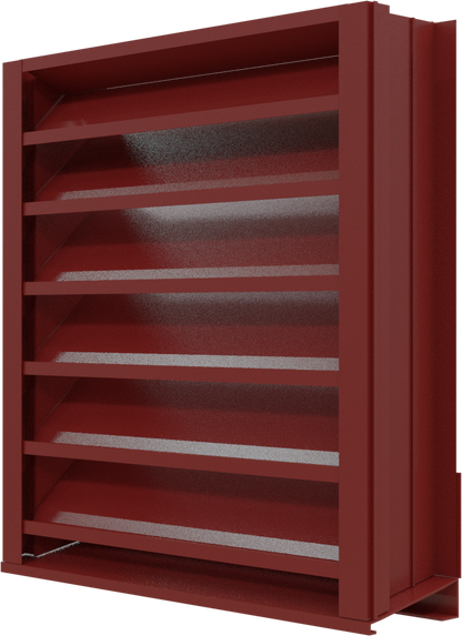 The Aire Technologies 438-SD Stationary, Drainable Louver is an AMCA-certified red metal louver with angled slats for optimal airflow and ventilation; available in custom sizes.
