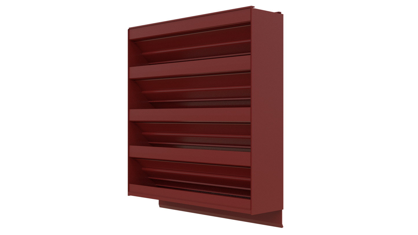Aire Technologies 445-SW Stationary, Non-Drainable, Louver shown at an angle against a plain white background, featuring five red metal angled shelves reminiscent of a bookshelf.