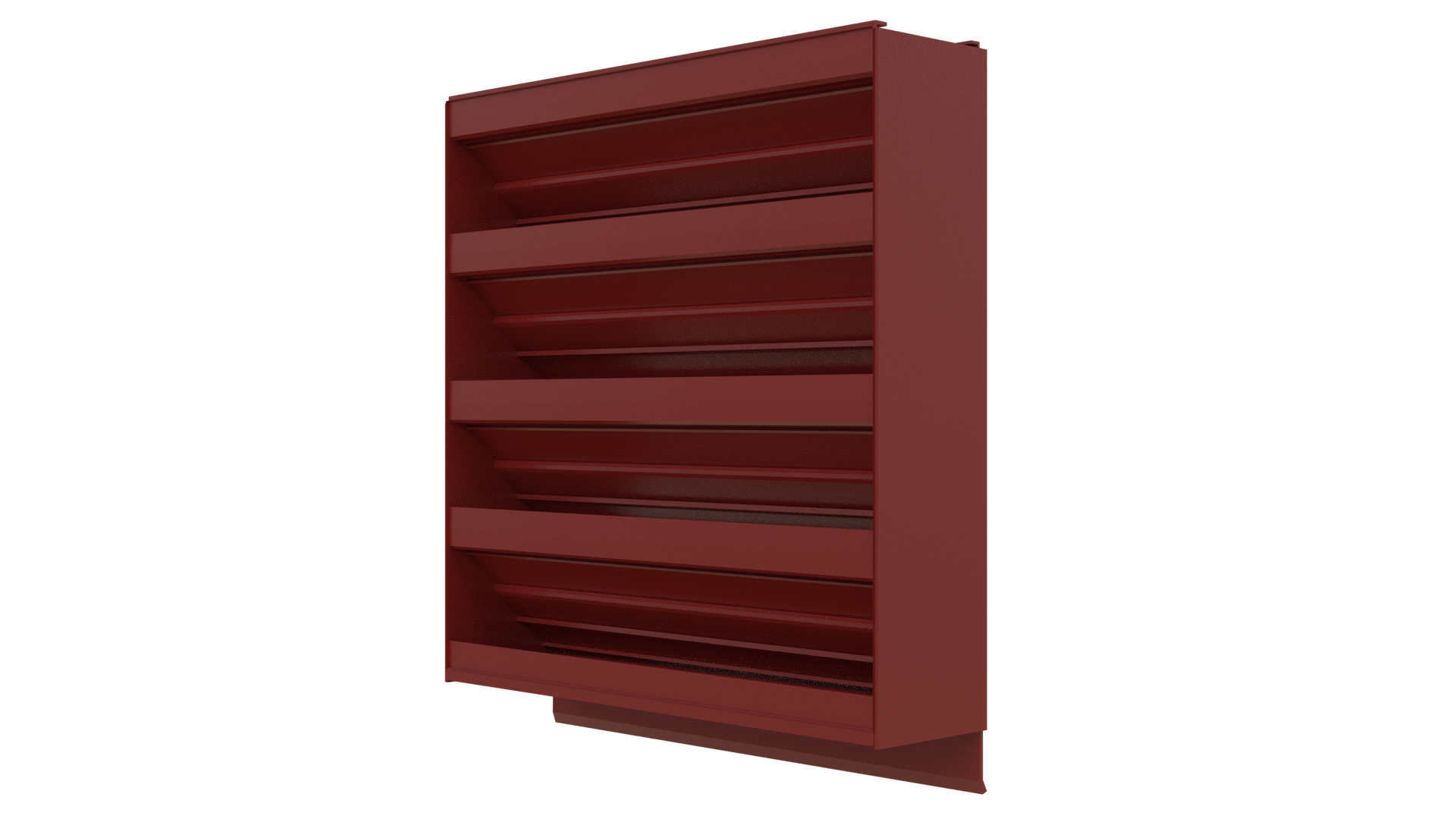 Aire Technologies 445-SW Stationary, Non-Drainable, Louver shown at an angle against a plain white background, featuring five red metal angled shelves reminiscent of a bookshelf.