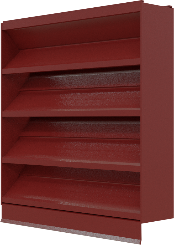Aire Technologies’ 445-SW Stationary, Non-Drainable, Louver in red metal features five angled shelves and is shown from the right against a plain background.