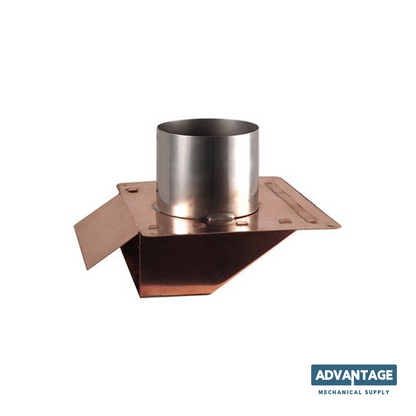 A copper and stainless steel chimney cap with a square base, angled flange, and cylindrical top, shown on a white background with the Advantage Mechanical Supply logo in the bottom right corner.