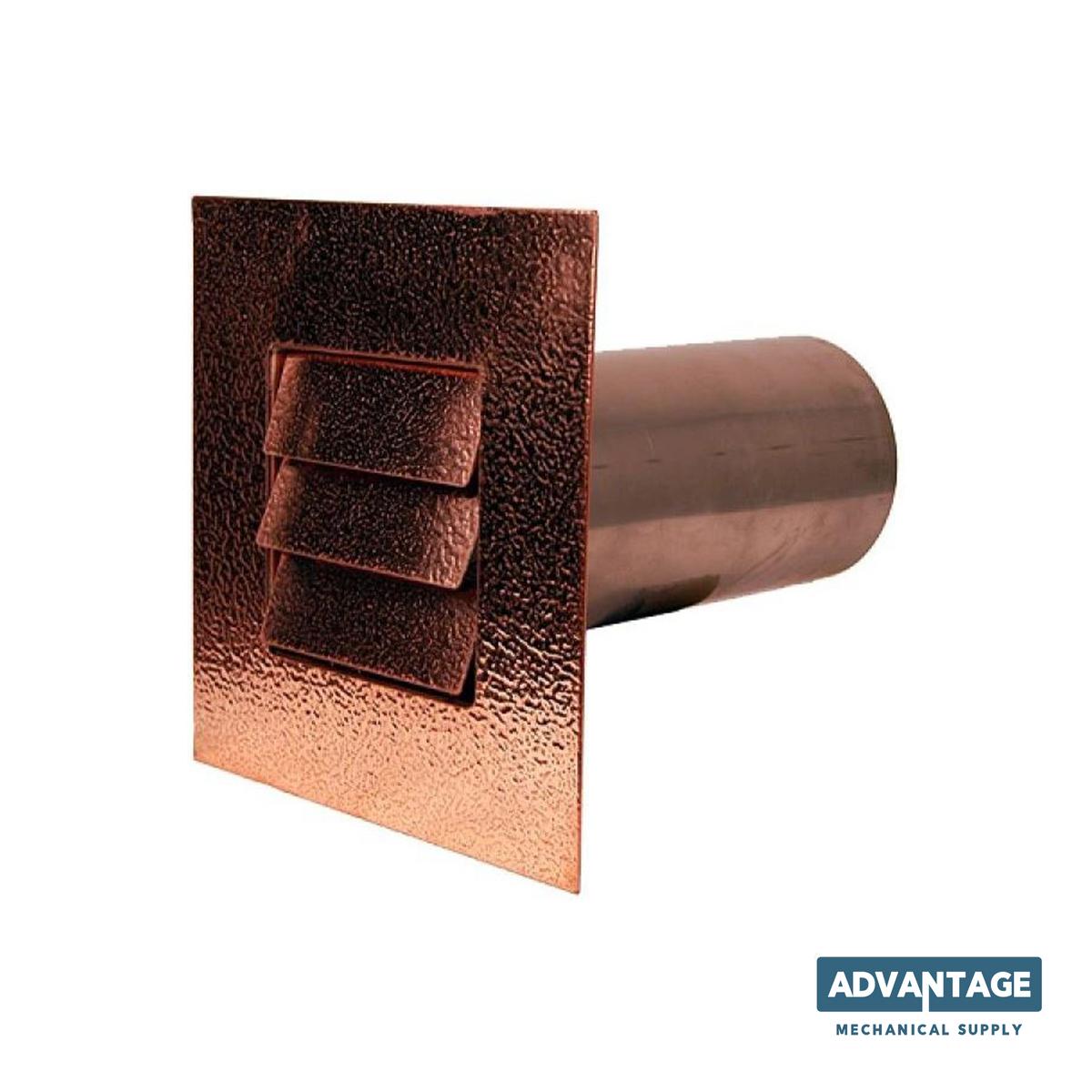 A copper mechanical supply dryer vent cap with a textured, hammered finish on the front plate and a cylindrical duct connection, shown on a white background with an 'ADVANTAGE MECHANICAL SUPPLY' logo in the bottom right corner.