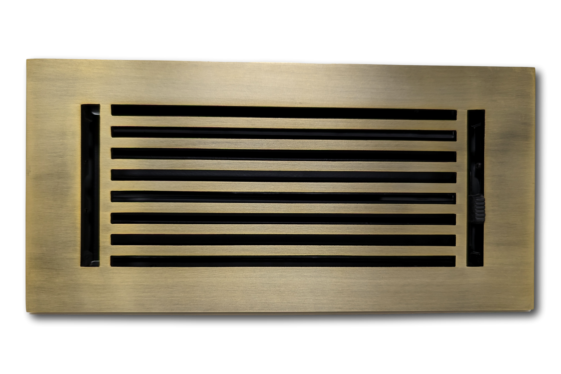 The Madelyn Carter Cast Aluminum Linear Bar Vent Cover in Antique Brass, featuring horizontal slats and a brushed finish, is rust-resistant and shown from above against a plain background.