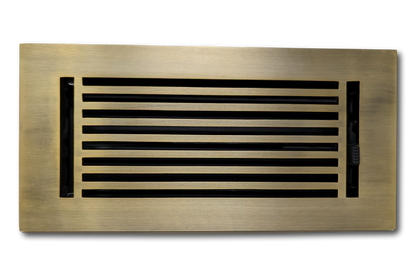 The Madelyn Carter Cast Aluminum Linear Bar Vent Cover in Antique Brass, featuring horizontal slats and a brushed finish, is rust-resistant and shown from above against a plain background.