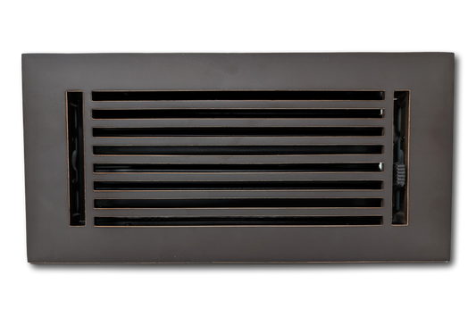 The Madelyn Carter Cast Aluminum Linear Bar Vent Cover in Oxidized Bronze features horizontal slats, a right-side adjustable lever, and is crafted from rust-resistant metal for lasting durability.