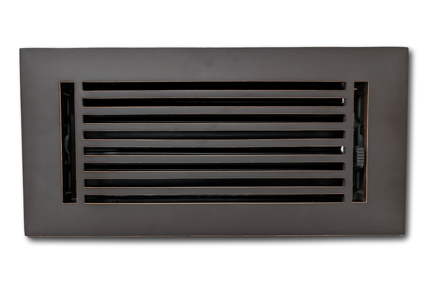 A Madelyn Carter Cast Aluminum Linear Bar Vent Cover in oxidized bronze, featuring horizontal slats and a side lever, is displayed against a plain white background.