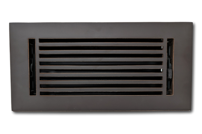 A Madelyn Carter Cast Aluminum Linear Bar Vent Cover in oxidized bronze, featuring horizontal slats and a side lever, is displayed against a plain white background.
