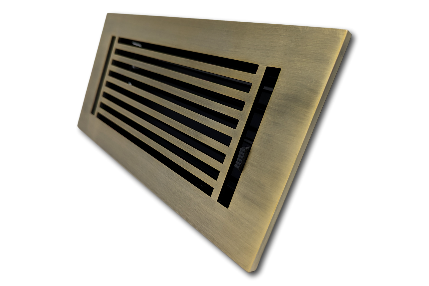 Madelyn Carter Cast Aluminum Linear Bar Vent Cover in Antique Brass finish with horizontal slats, angled against a plain white background.
