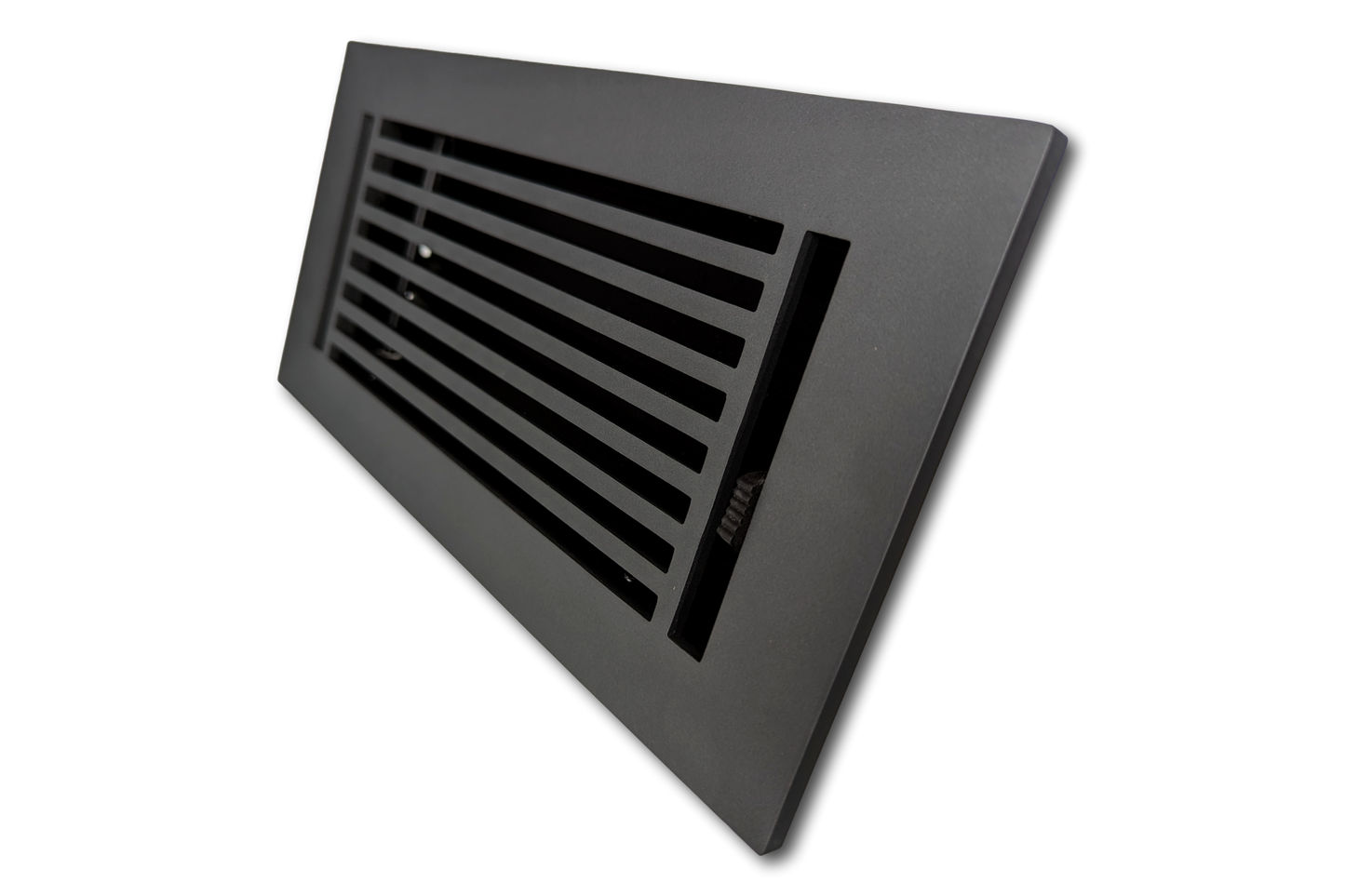 A Cast Aluminum Linear Bar Vent Cover in Carbon Gray by Madelyn Carter, featuring horizontal slats and a rectangular design, is shown mounted on a white surface and photographed at an angle.