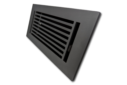 A Cast Aluminum Linear Bar Vent Cover in Carbon Gray by Madelyn Carter, featuring horizontal slats and a rectangular design, is shown mounted on a white surface and photographed at an angle.