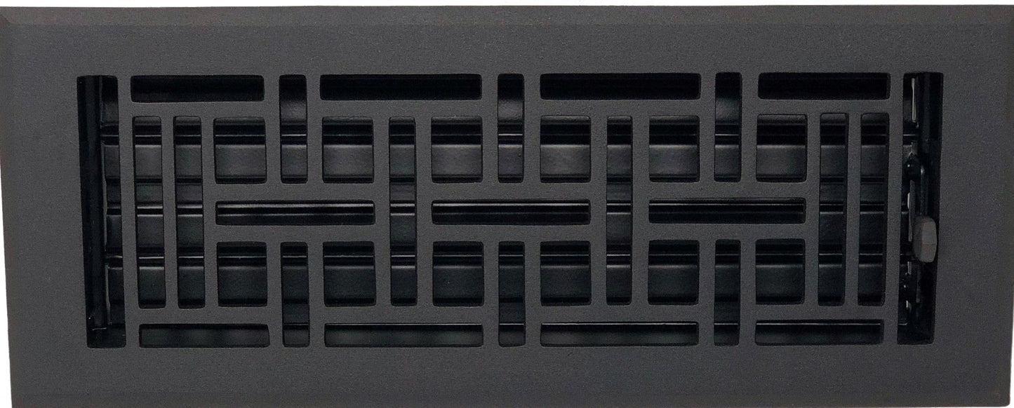 The Madelyn Carter Cast Aluminum Arts & Crafts Vent Cover in black features a geometric grid pattern and adjustable louvers behind the decorative front grille.