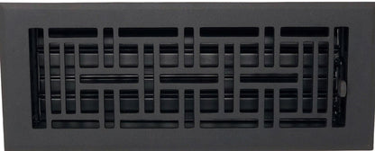 The Madelyn Carter Cast Aluminum Arts & Crafts Vent Cover in black features a geometric grid pattern and adjustable louvers behind the decorative front grille.