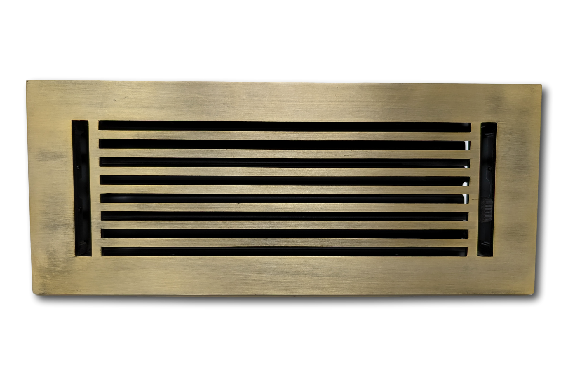 The Madelyn Carter Cast Aluminum Linear Bar Vent Cover in Antique Brass features horizontal slats and a durable, rust-resistant finish. Photographed on a plain white background.