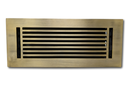 The Madelyn Carter Cast Aluminum Linear Bar Vent Cover in Antique Brass features horizontal slats and a durable, rust-resistant finish. Photographed on a plain white background.