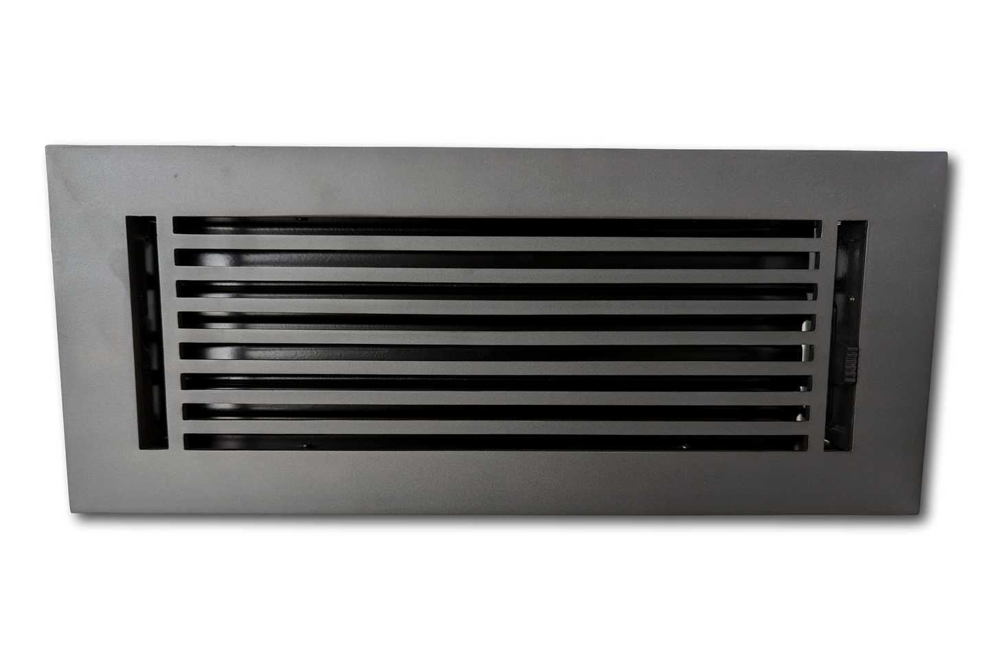 The Madelyn Carter Cast Aluminum Linear Bar Vent Cover in Carbon Gray features horizontal slats and a rust-resistant finish, adding durable modern style to any space. Set against a plain white background.